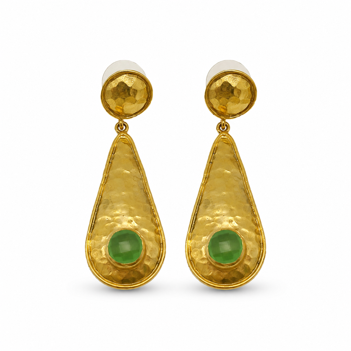 Gold-plated hammered drop earrings with a green stone accent.