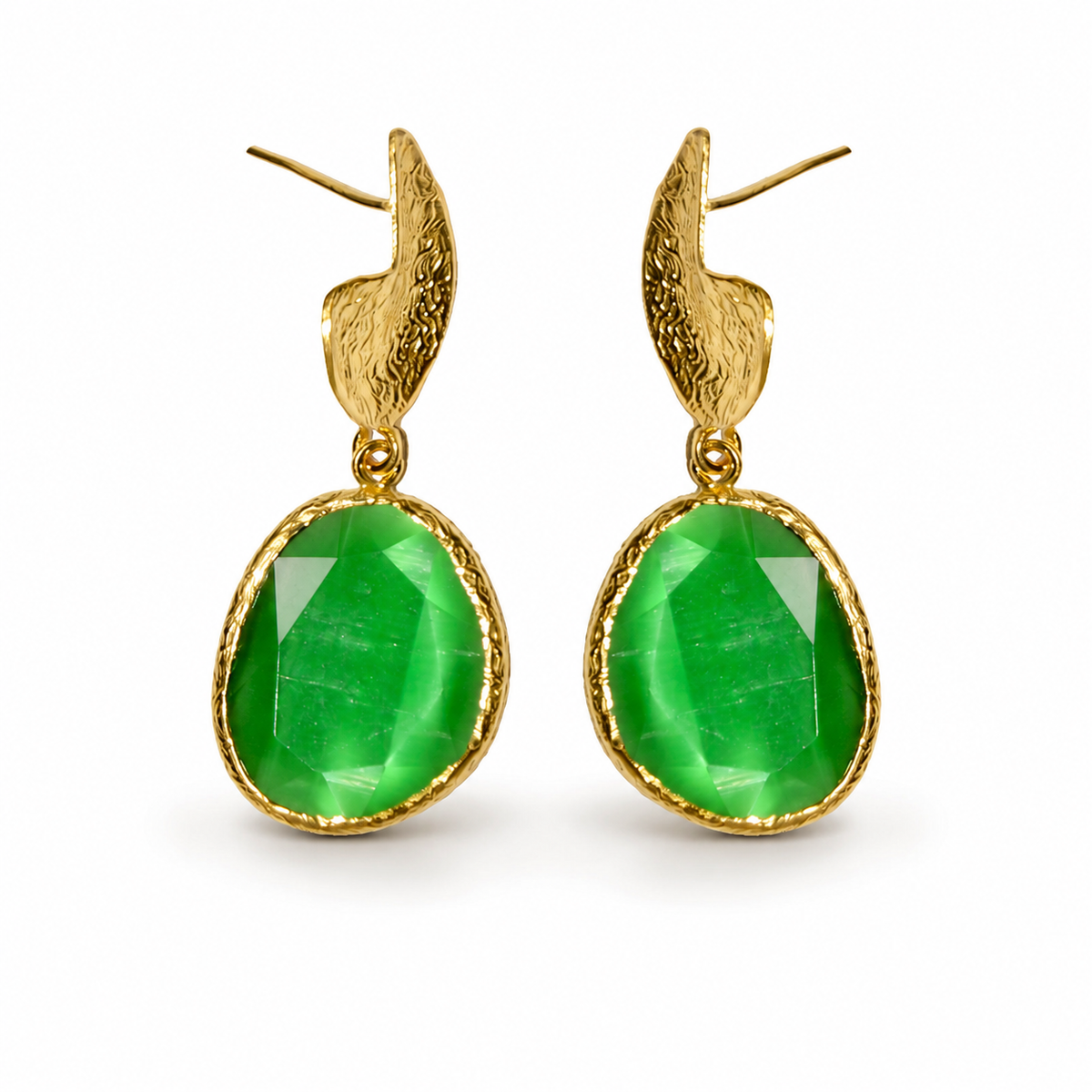 Pair of long drop earrings with bright green faceted stones and a textured gold-plated finish.