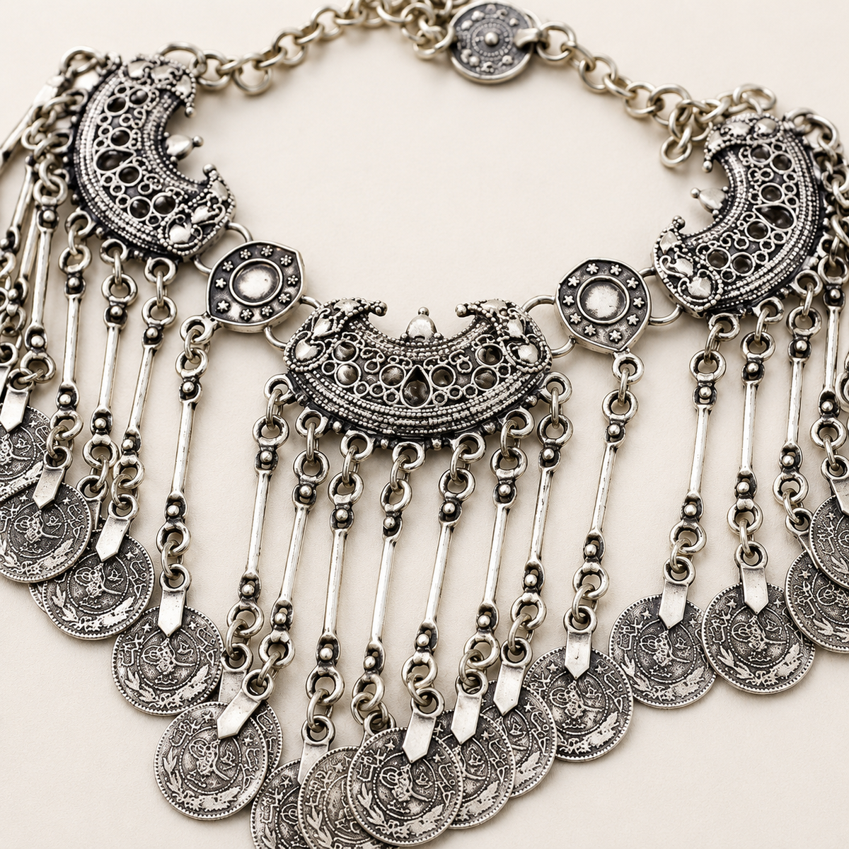 Close view of the detailed coin and crescent pendant necklace.