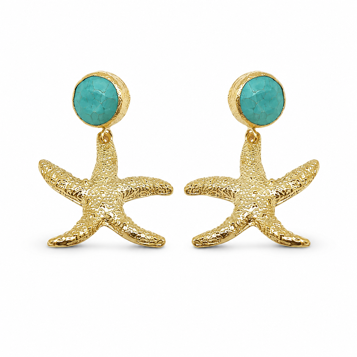 Gold-plated starfish drop earrings with turquoise round tops on a white background.