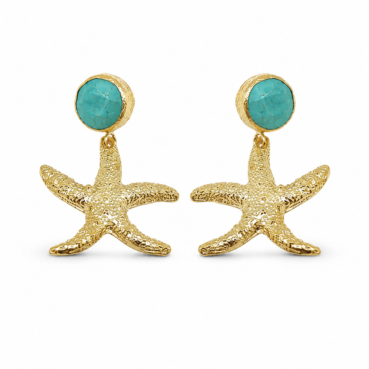Gold-plated starfish drop earrings with turquoise round tops on a white background.