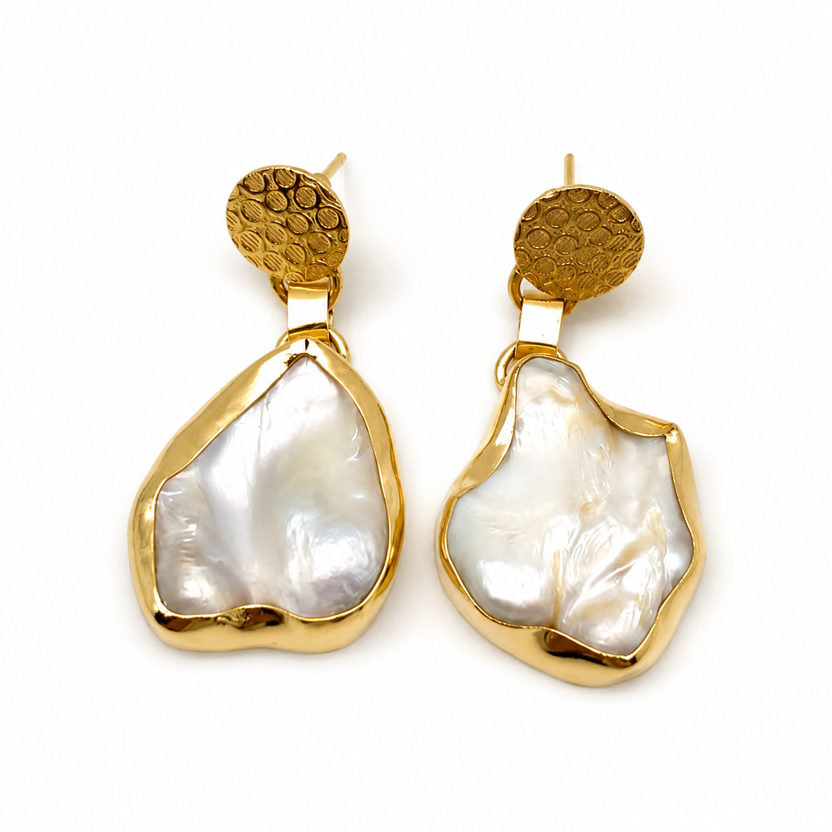 Gold drop earrings with mother of pearl in an organic shape and textured stud tops.