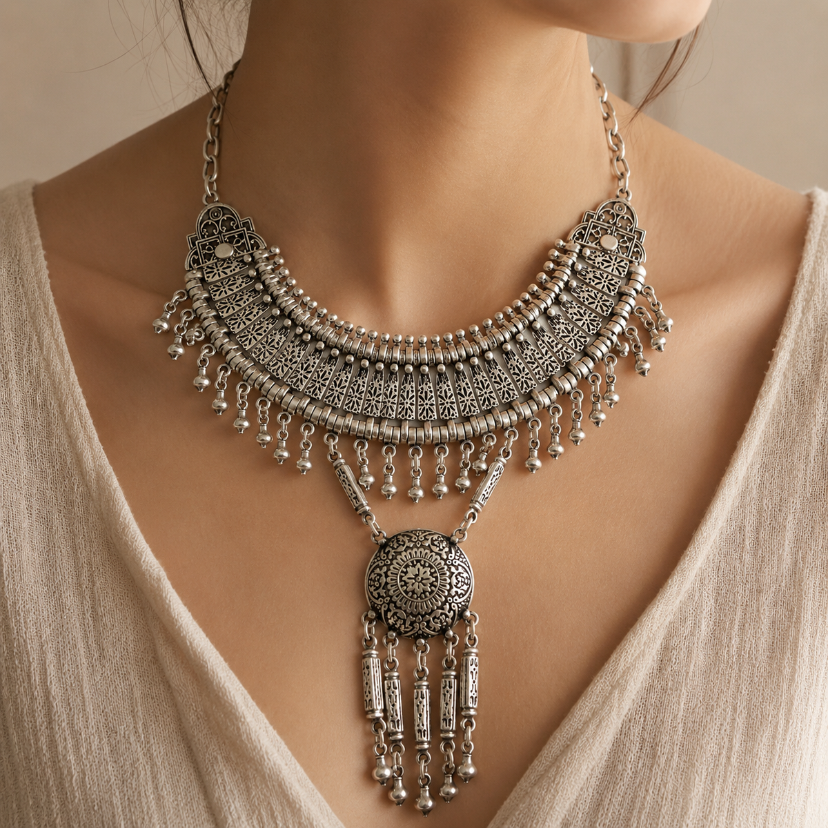 Silver-tone boho necklace with layered fan details and a round pendant.