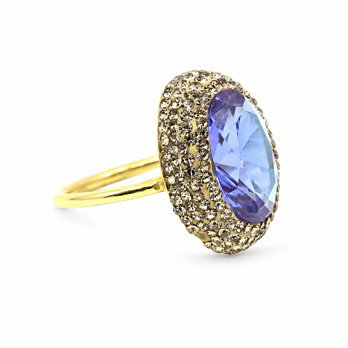 Gold-tone ring with a faceted color-changing center and sparkling trim.