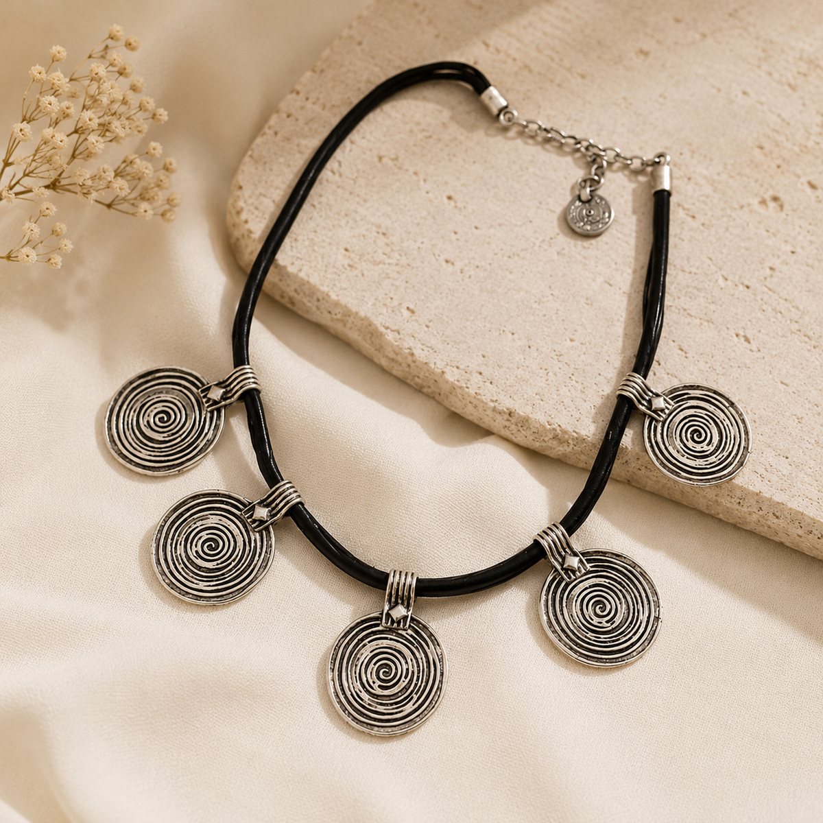 Black cord necklace with silver-tone spiral disc pendants on a white background.