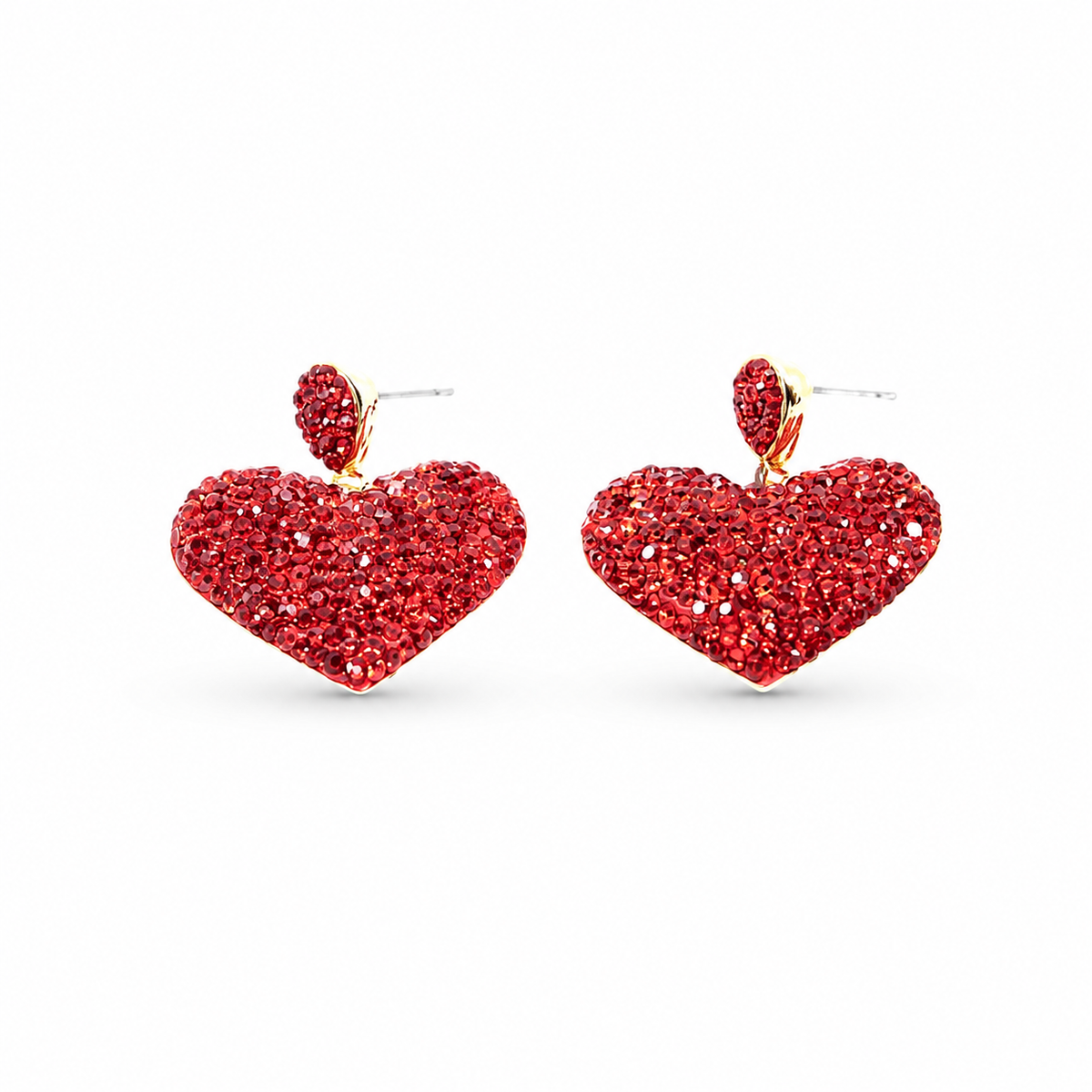 Red crystal heart stud earrings with a gold-plated finish on a white background.