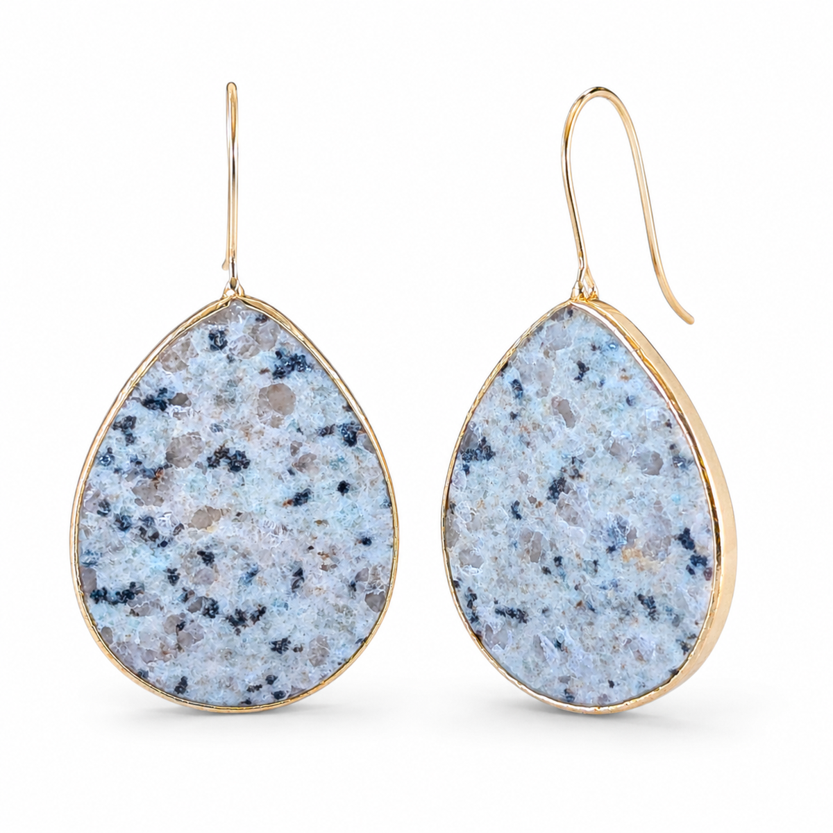 Front view of teardrop amazonite earrings in gold-plated brass.