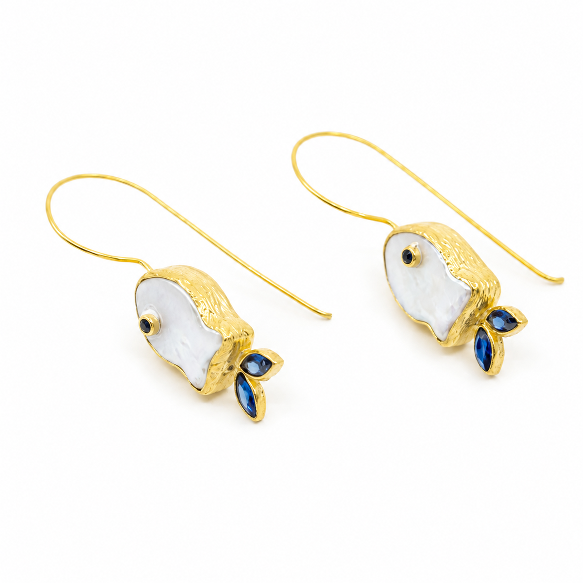 Gold-plated drop earrings with a pearl-like fish silhouette and deep blue accents.