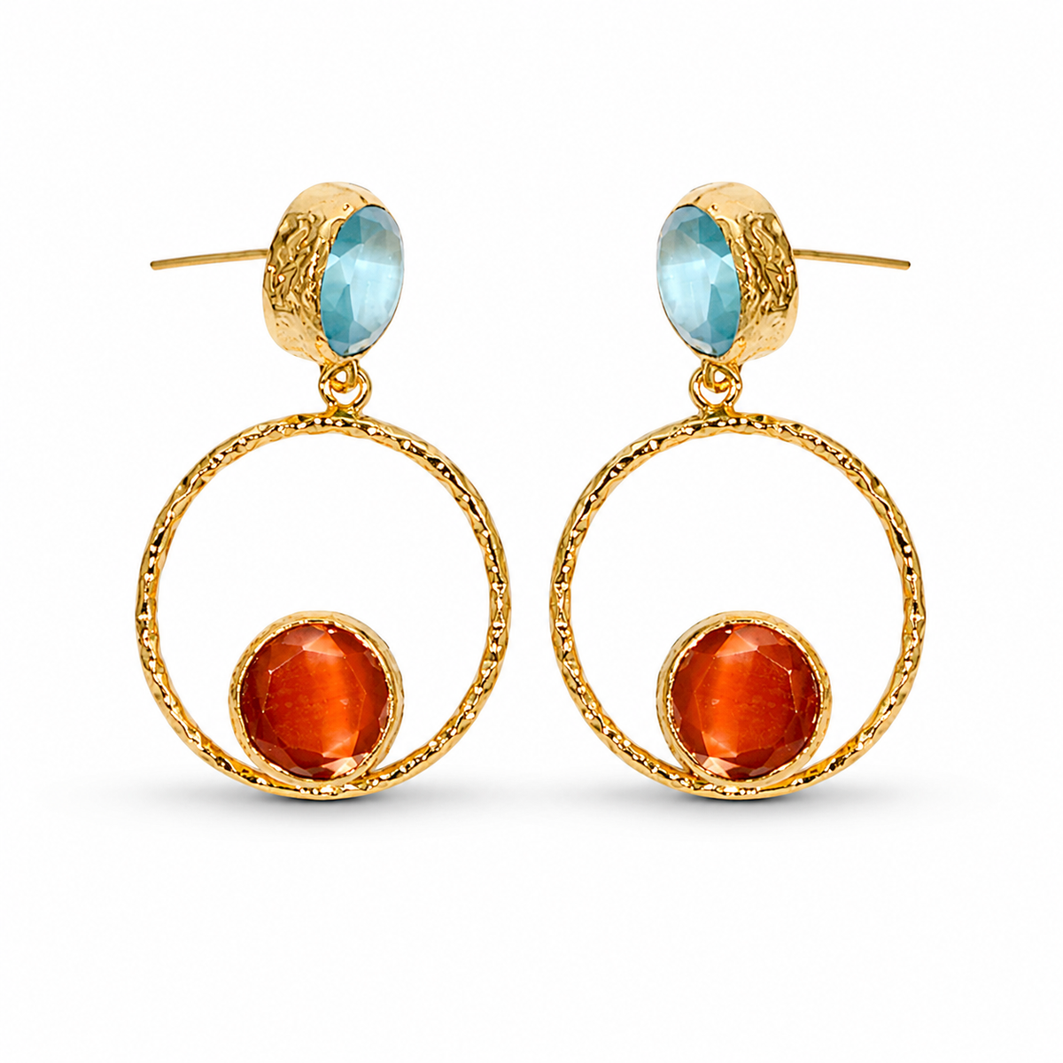 Gold-plated drop earrings with faceted orange and teal accents and a textured hoop shape.