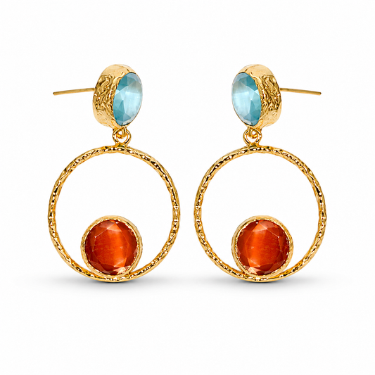 Gold-plated drop earrings with faceted orange and teal accents and a textured hoop shape.