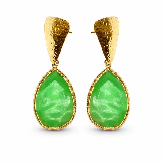 Pair of green teardrop earrings with a textured gold finish.