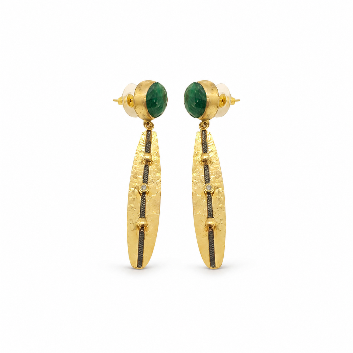 Green stone and gold-plated drop earrings with long textured bars.