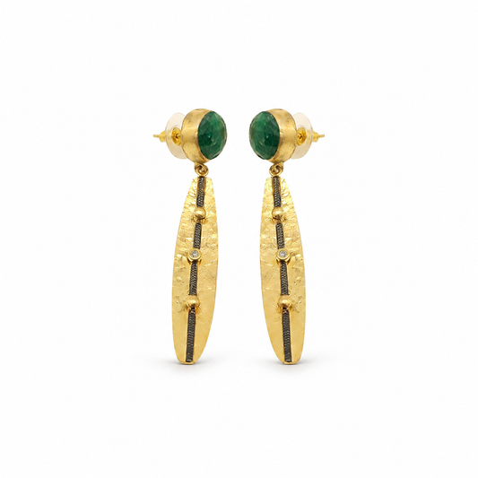 Green stone and gold-plated drop earrings with long textured bars.