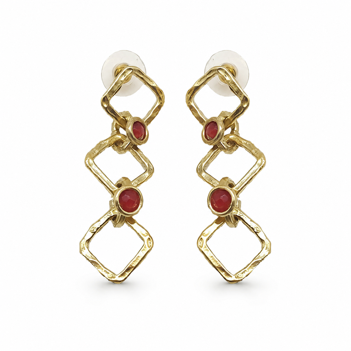 Gold-tone chain drop earrings with linked geometric shapes and red stone accents.