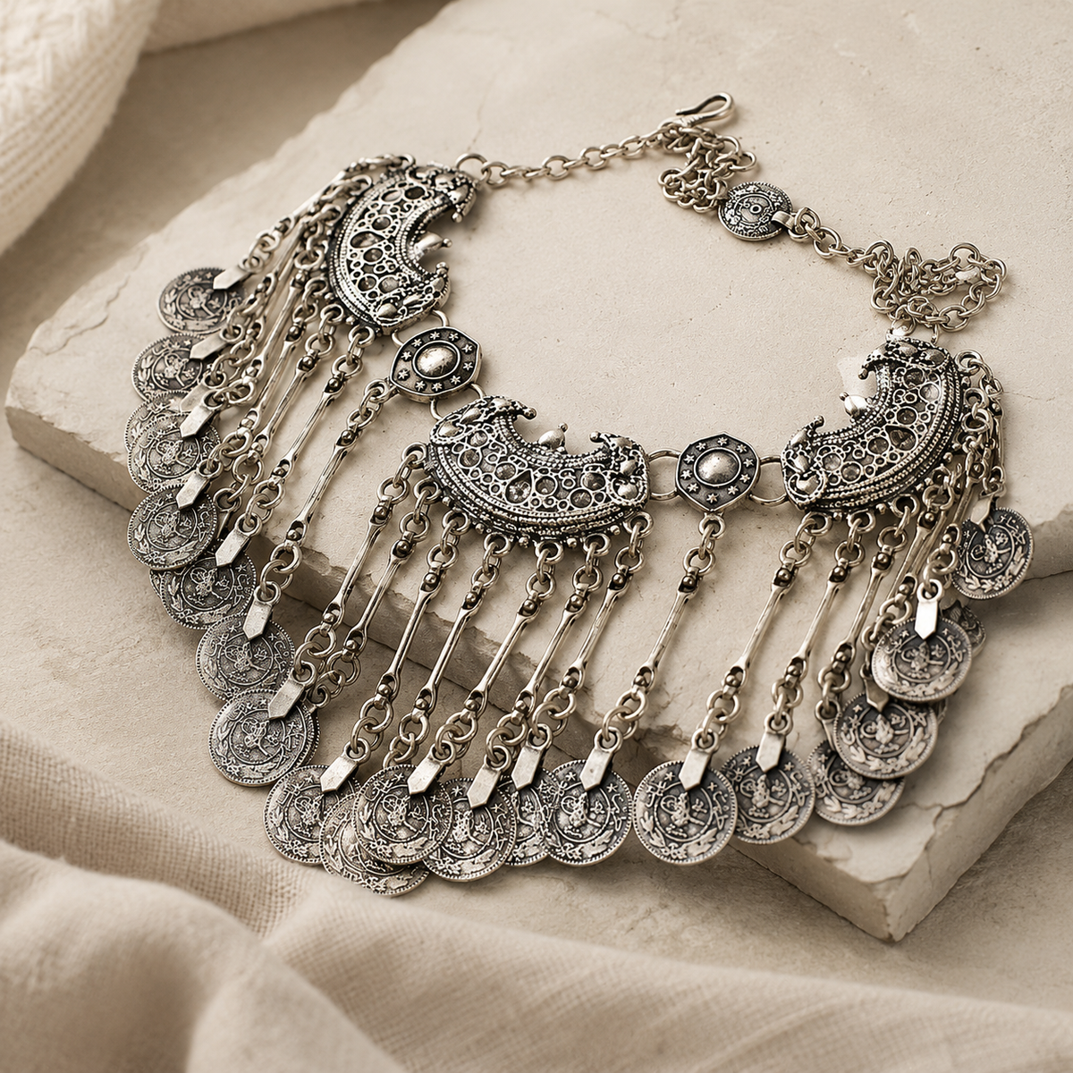 Angled view of a silver-tone bib necklace with detailed fringe and coin accents.