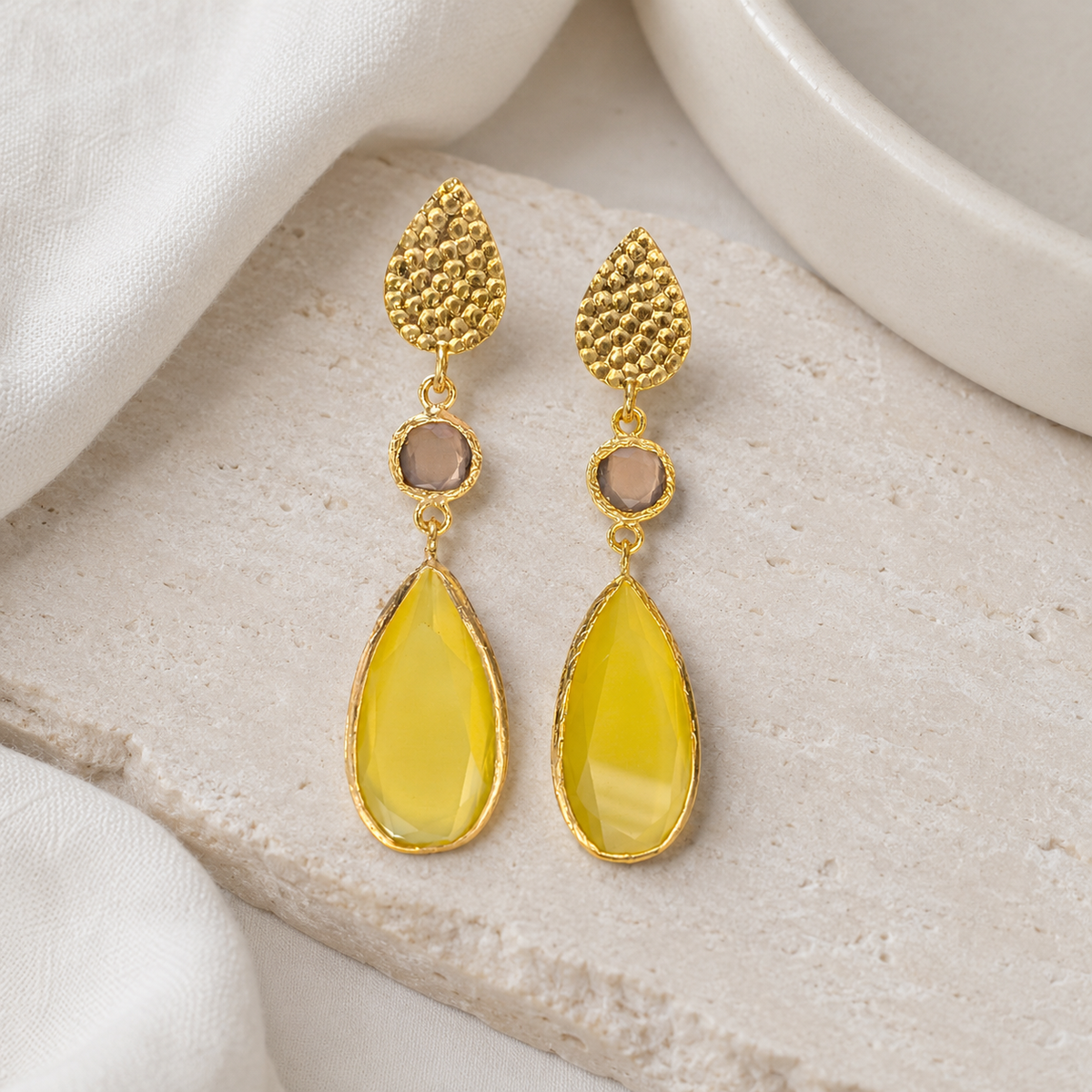 Gold-tone drop earrings with textured tops and bright yellow faceted pendants.