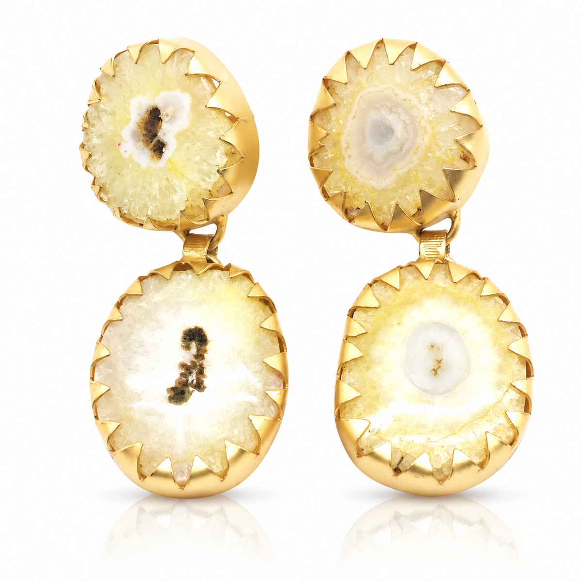 Yellow agate drop earrings with a gold-plated frame and sculptural oval shape.