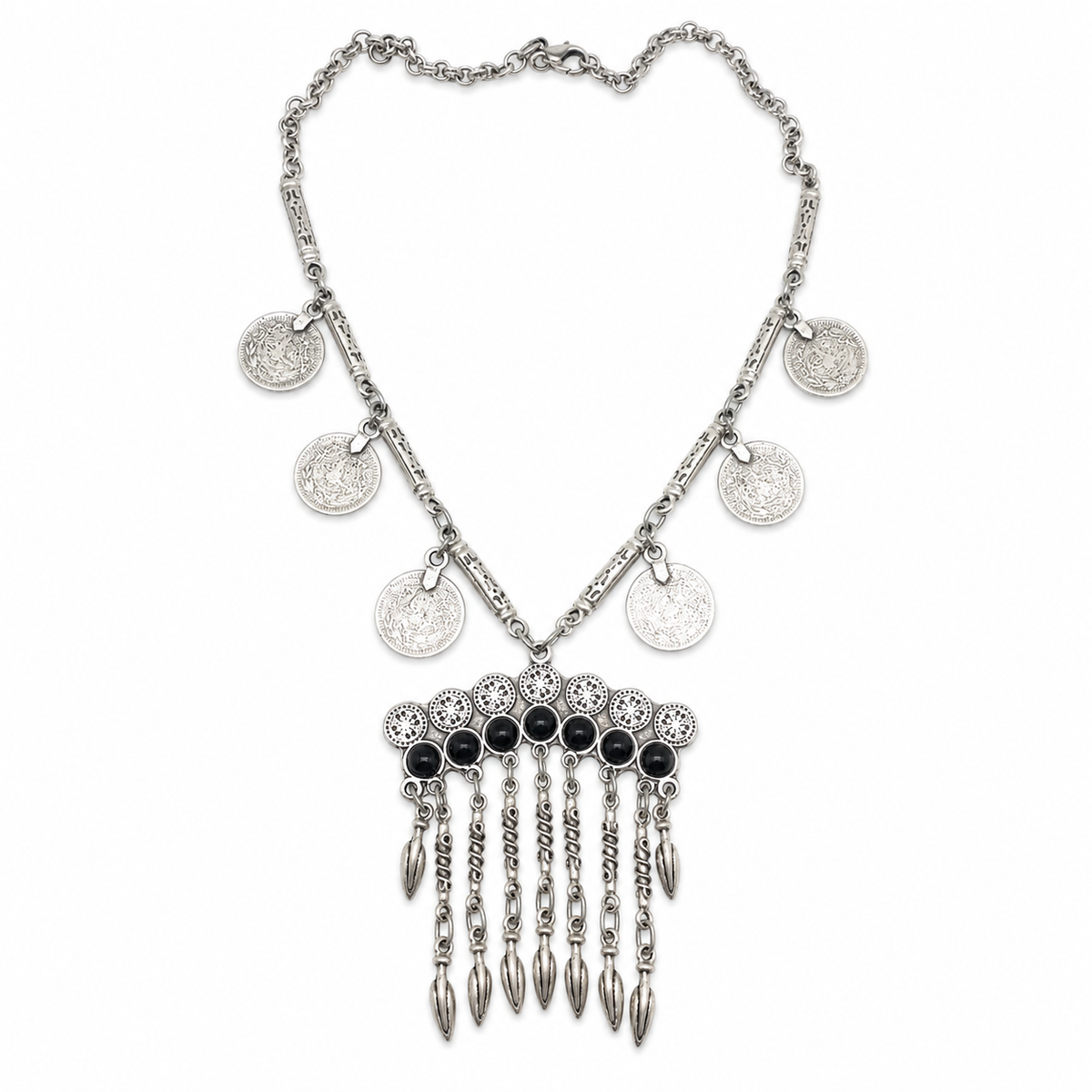 Silver-tone bib necklace with coin charms, black stone accents, and a fringe pendant design.