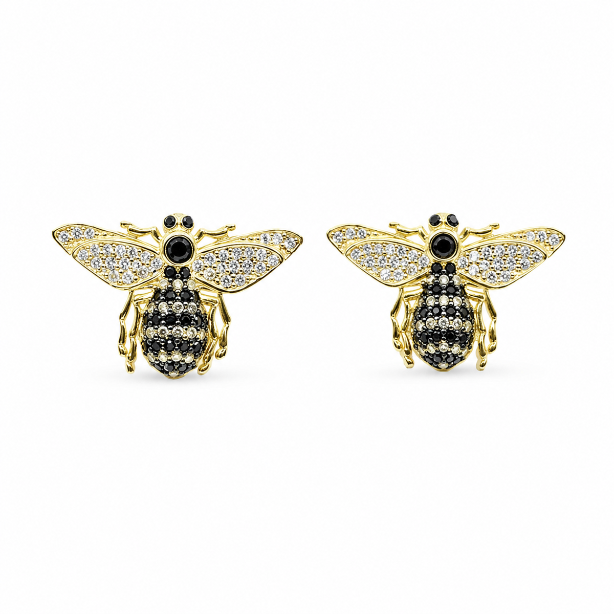 Pair of bee-shaped stud earrings with black CZ accents and a gold-plated finish.