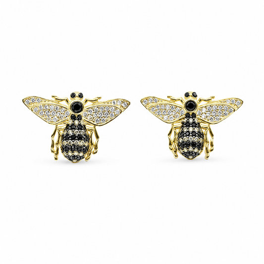 Pair of bee-shaped stud earrings with black CZ accents and a gold-plated finish.