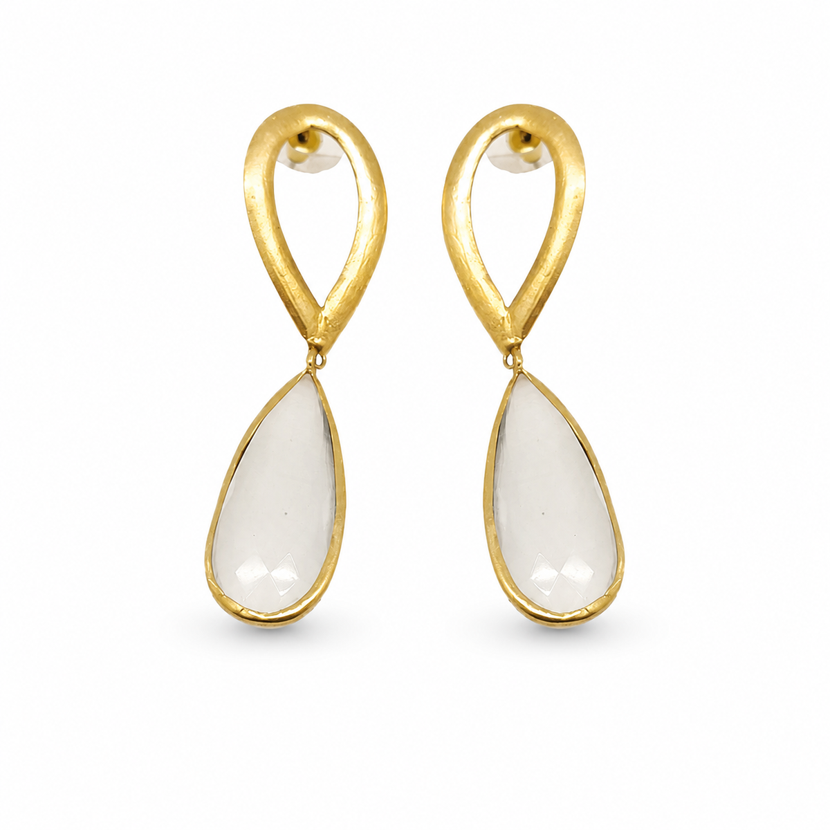 Hammered gold-plated drop earrings with oval tops and clear teardrop drops.