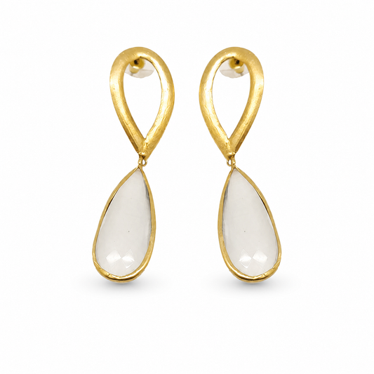 Hammered gold-plated drop earrings with oval tops and clear teardrop drops.