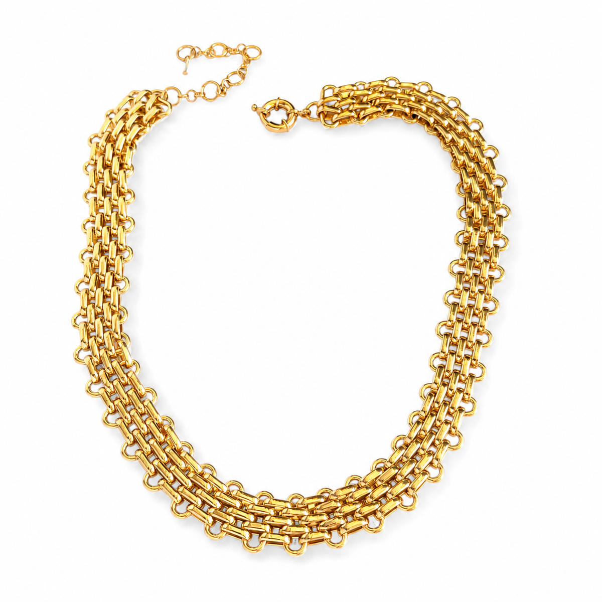 Flat chain statement necklace in a gold-plated brass finish on a white background.