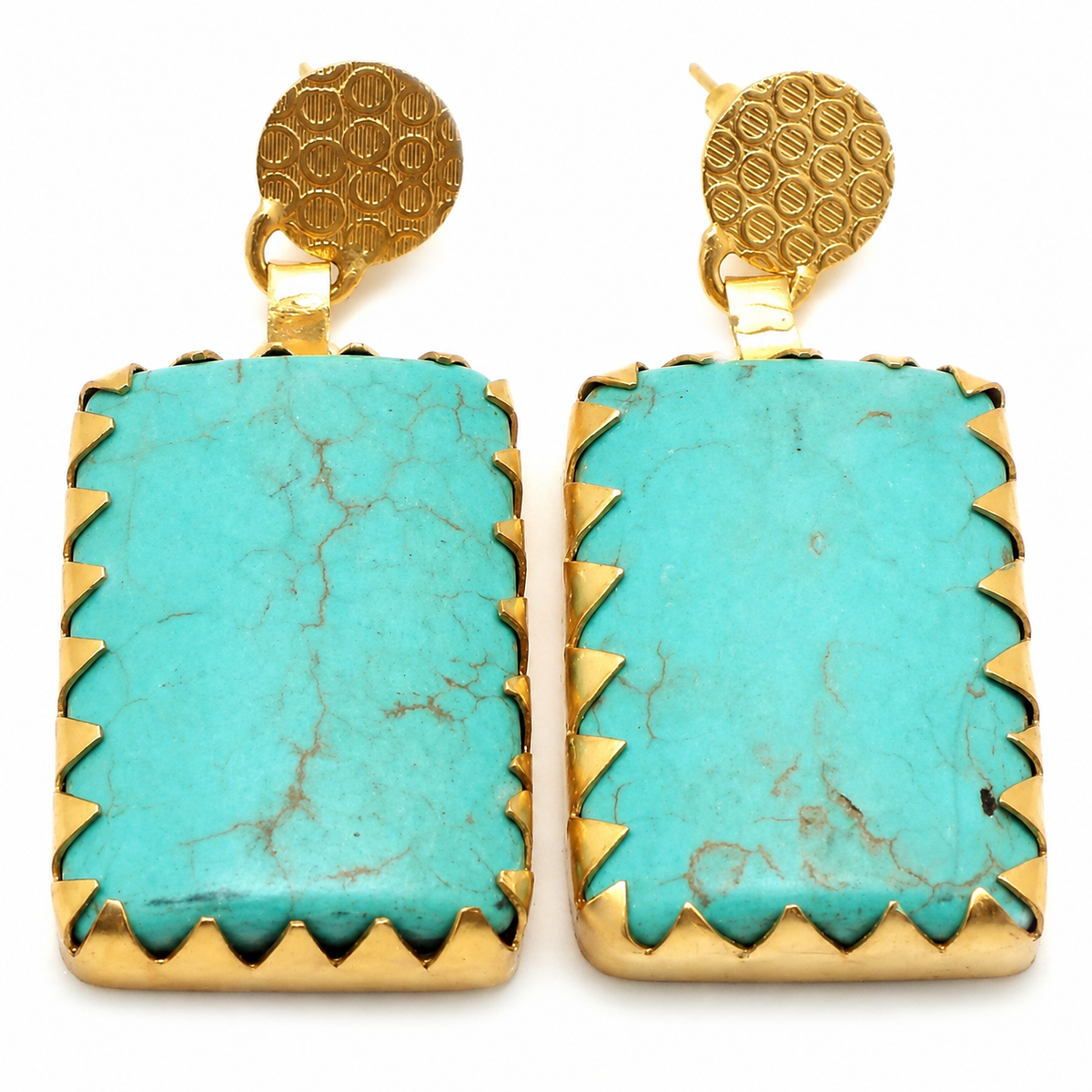 Turquoise square statement earrings with gold-plated edges and a textured round top.