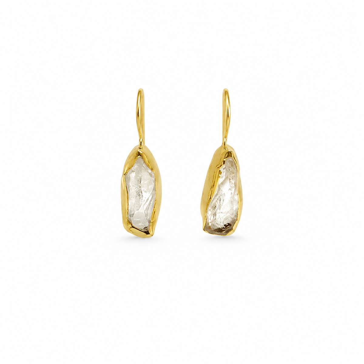 Pair of clear quartz drop earrings with a gold-plated hook silhouette.