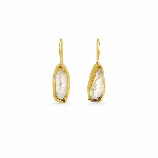 Pair of clear quartz drop earrings with a gold-plated hook silhouette.