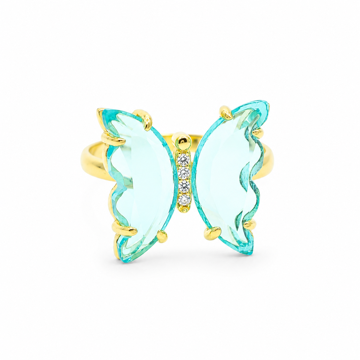 Gold-plated butterfly ring with sky blue topaz wings and CZ accents.