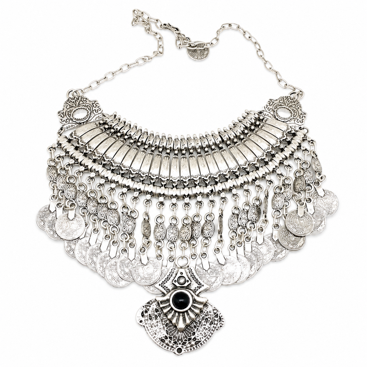 Silver-tone coin fringe necklace with a black stone pendant on a white background.