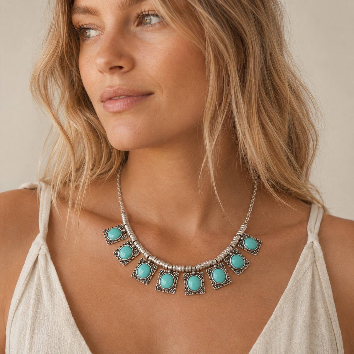 Turquoise star charm necklace shown from above on a white background.
