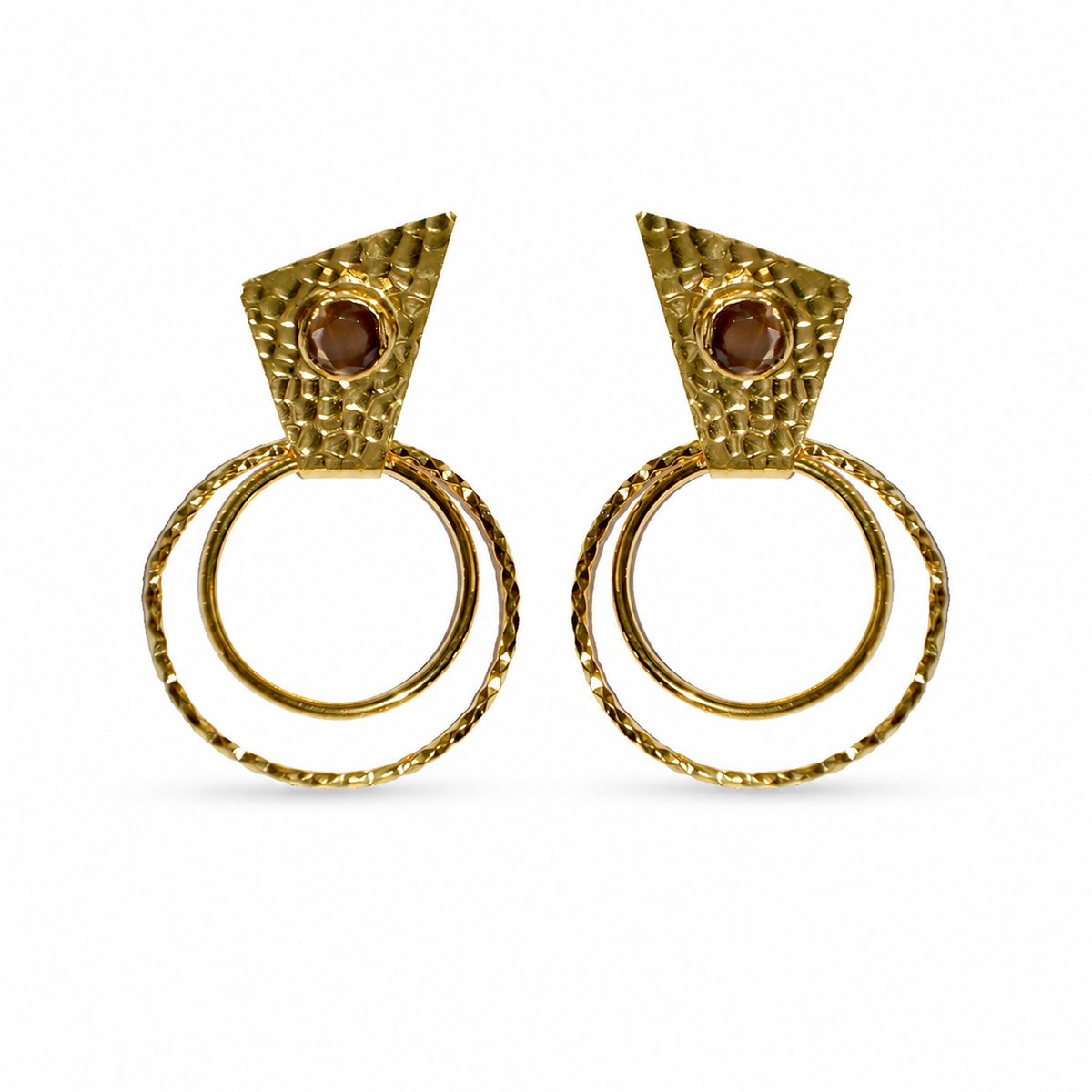 Gold-plated drop earrings with textured circle shapes and a brown center detail.