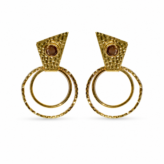 Gold-plated drop earrings with textured circle shapes and a brown center detail.