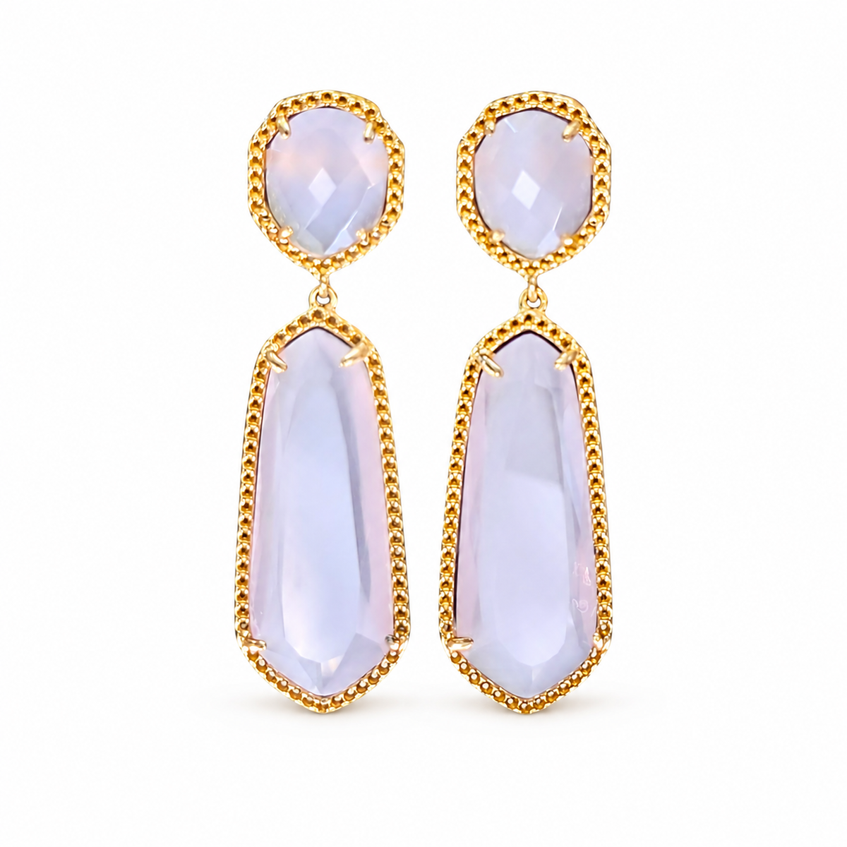 Lavender drop earrings with a gold-tone pave frame and two faceted stones.
