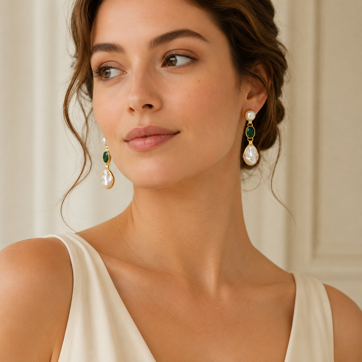 Statement drop earrings with emerald green stones and baroque pearl-style drops in a gold-tone setting.