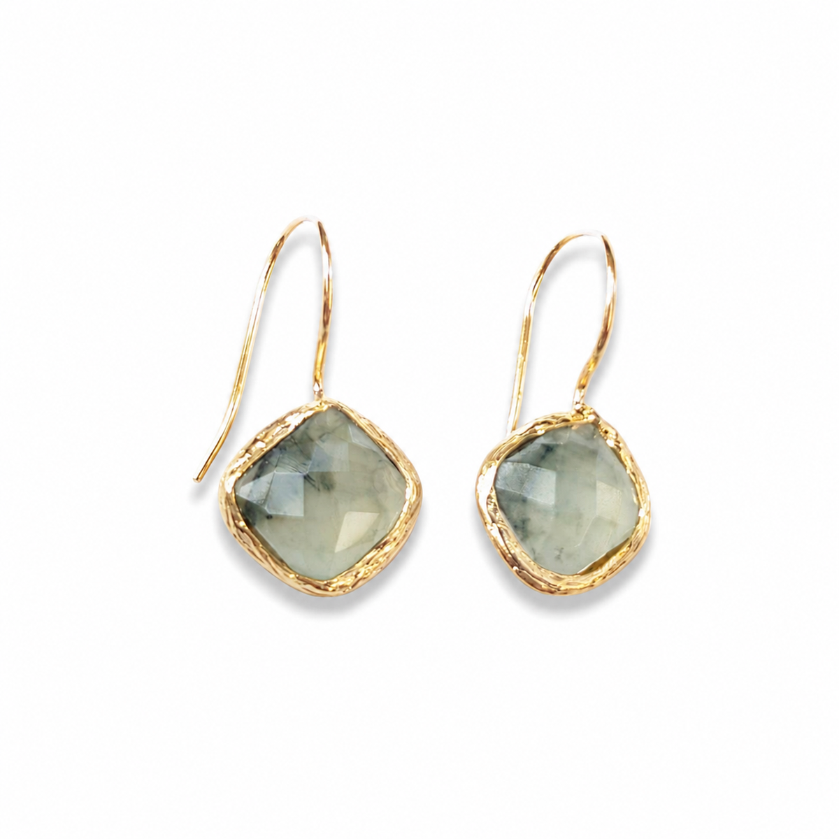 Pair of green aventurine drop earrings with a gold-plated frame on a white background.