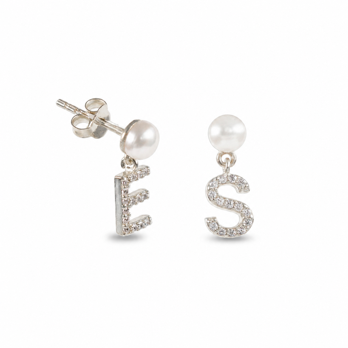 Gold-tone personalized earrings with pearl studs and letter charms.
