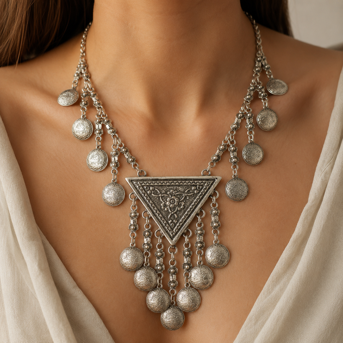 Silver-tone crescent necklace with layered coin fringe shown on a white background.