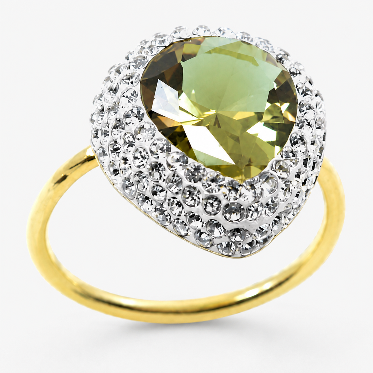 Detailed view of the faceted green center stone and CZ halo.