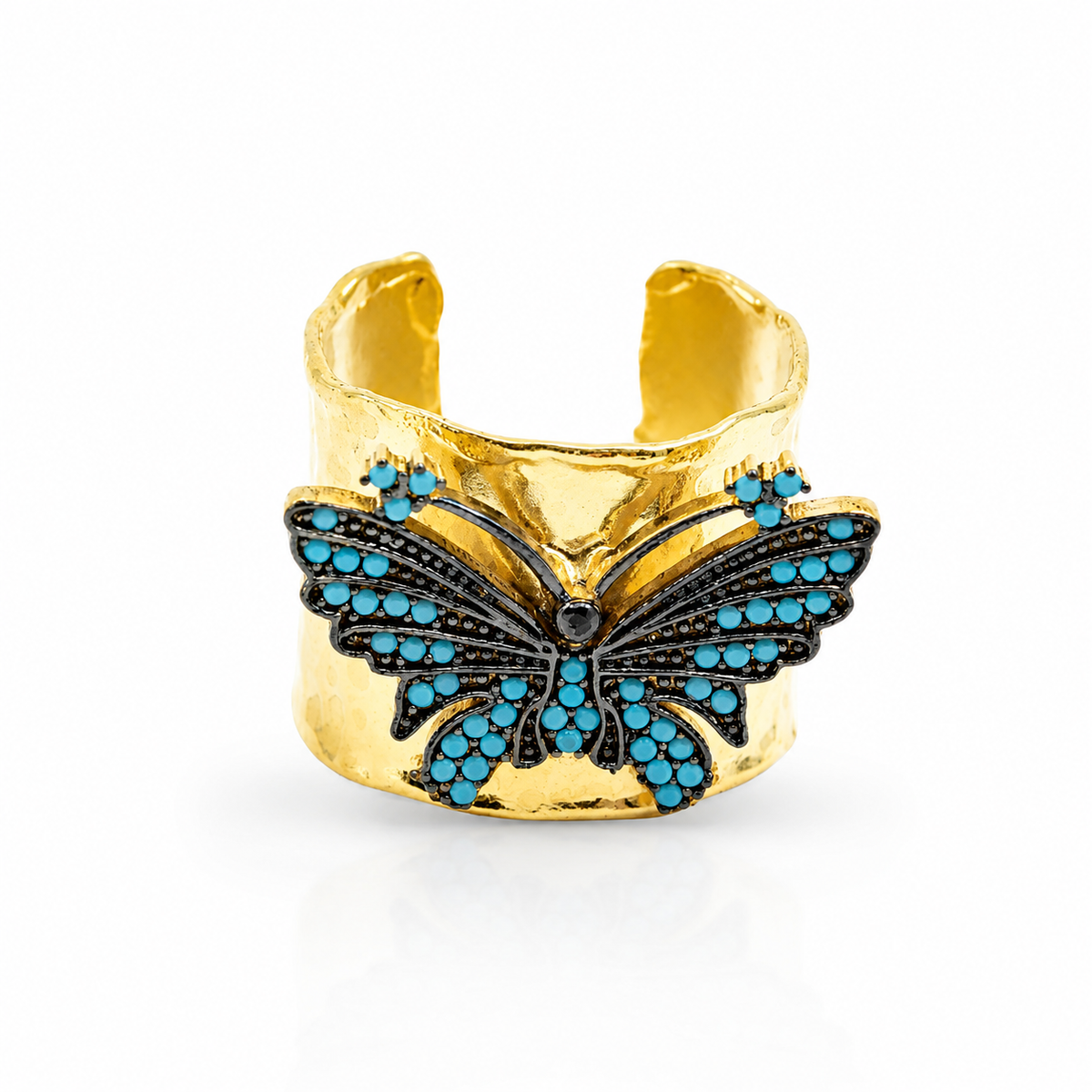Gold-plated wide cuff ring with a turquoise blue butterfly design.
