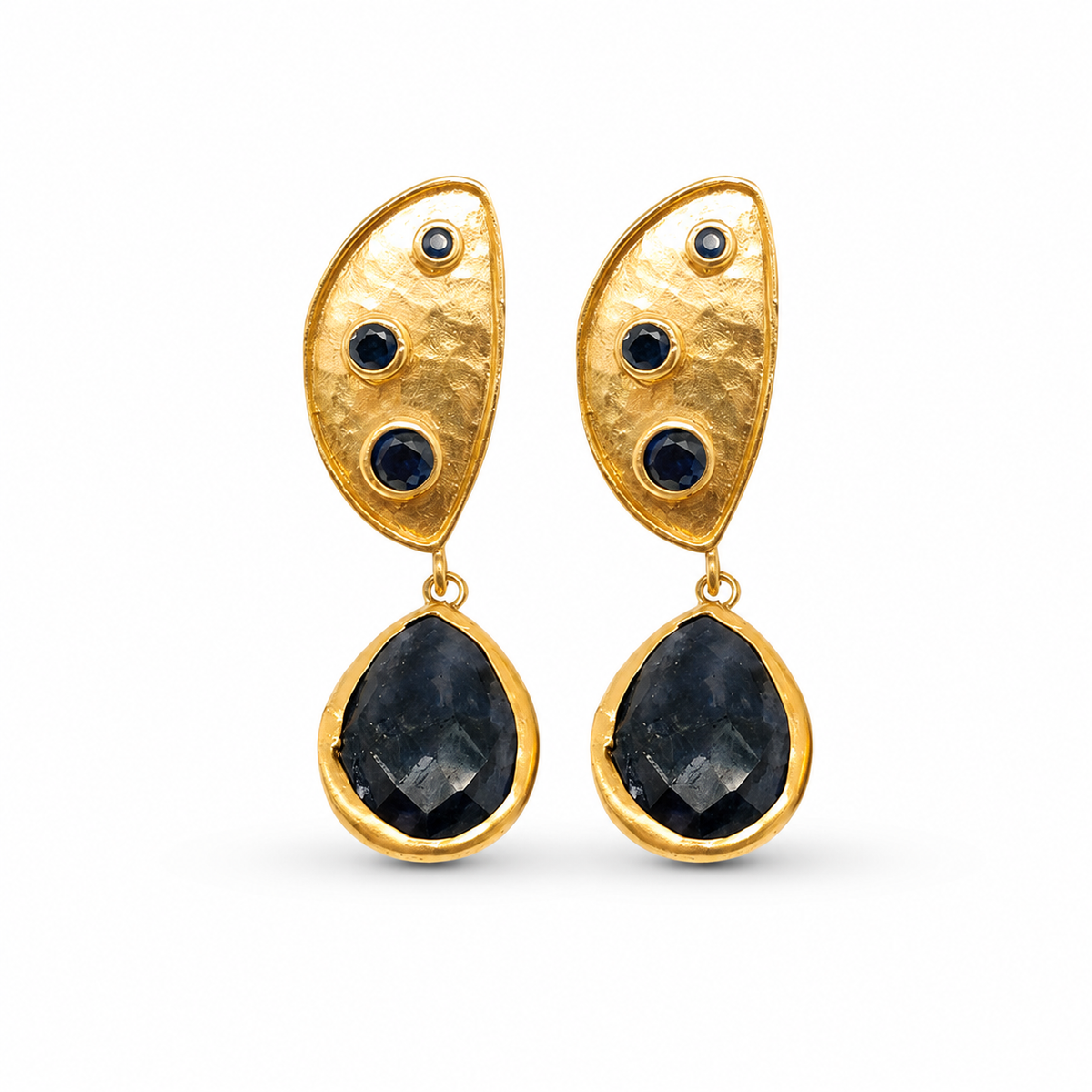 Gold plated half moon dangle earrings with dark stone accents.