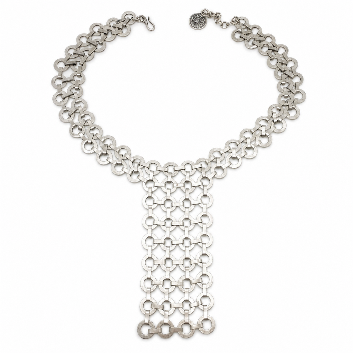Silver link bib statement necklace with a layered chain silhouette.