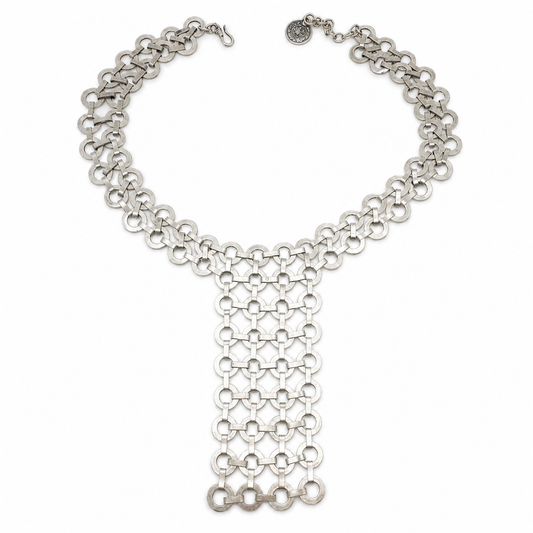 Silver link bib statement necklace with a layered chain silhouette.