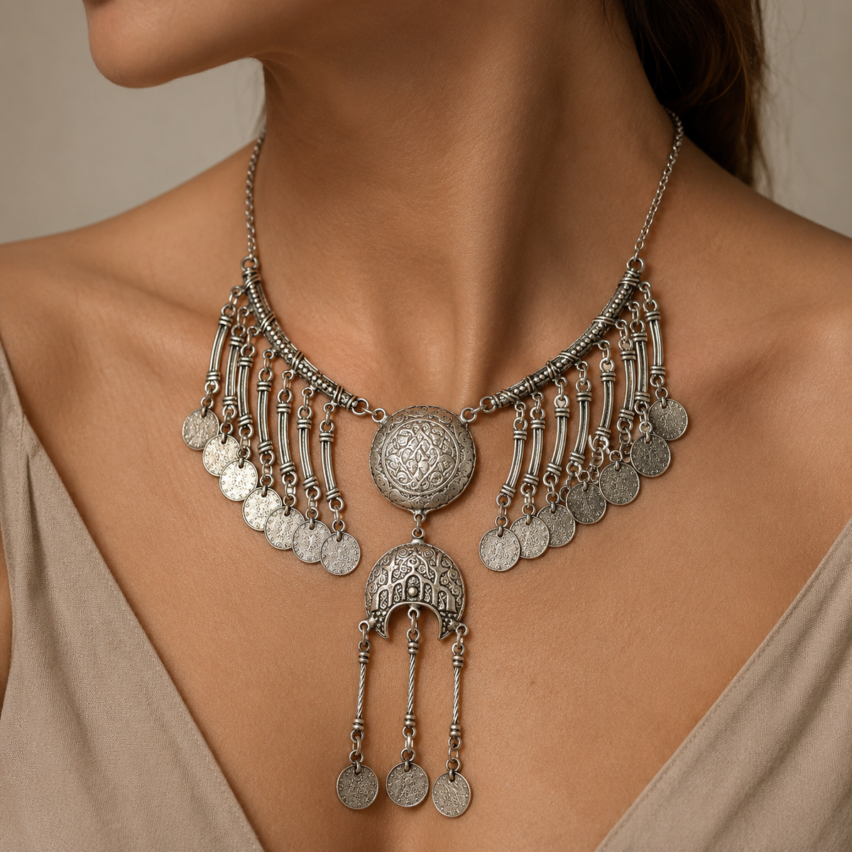 Silver-tone statement necklace with layered coin fringe and a large central pendant.