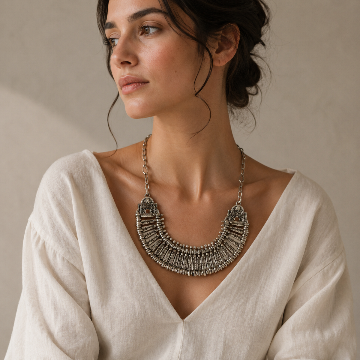 Silver-tone boho necklace with ornate fan-inspired design