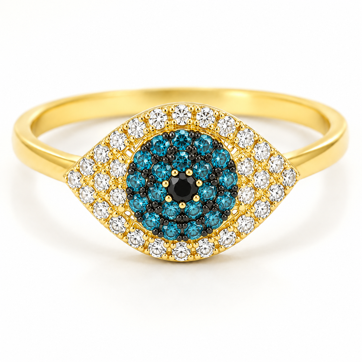 Close view of the evil eye ring with crystal-like detailing.
