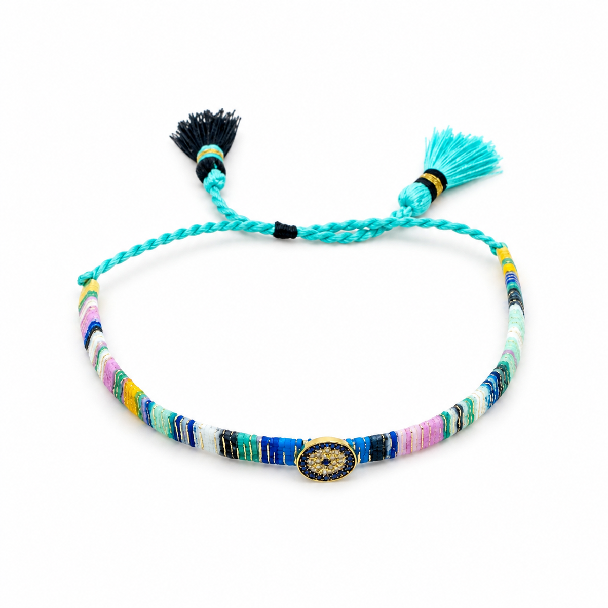 Colorful evil eye bracelet with woven threads and tassel ties on a white background.