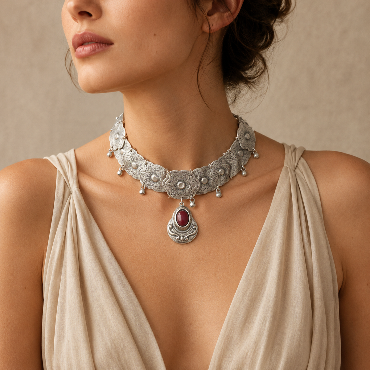 Ornate silver-tone choker necklace with a bold red stone pendant.